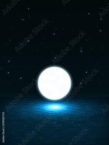 Big bright glowing ball, like the moon, above the waves of the s