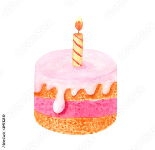 Cake with candle illustration Watercolor food Sweet treat 
