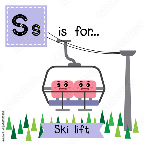 Letter S cute children colorful transportations ABC alphabet tracing flashcard of Ski Lift for kids learning English vocabulary Vector Illustration. photo