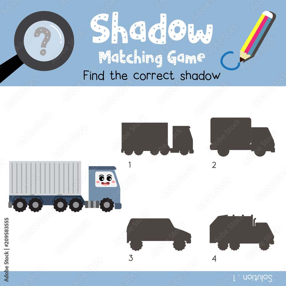 Shadow matching game of Container Truck cartoon character side view  transportations for preschool kids activity worksheet colorful version.  Vector Illustration. Stock Vector | Adobe Stock