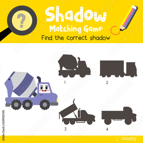 Shadow matching game of Concrete Mixer Truck cartoon character side view transportations for preschool kids activity worksheet colorful version. Vector Illustration.