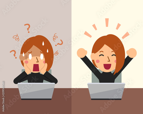 Cartoon businesswoman expressing different emotions for design.