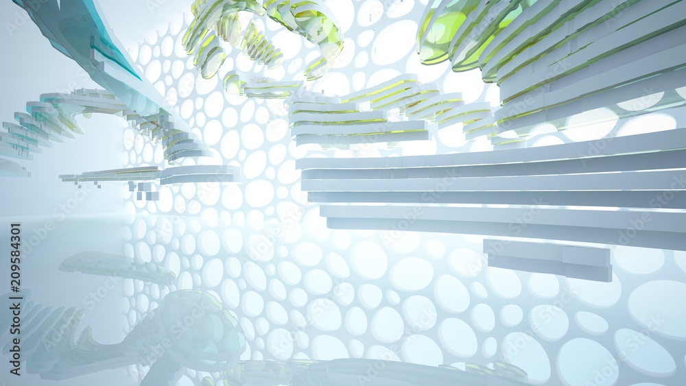 Obraz premium Abstract white and colored gradient glasses interior multilevel public space with window. 3D illustration and rendering.