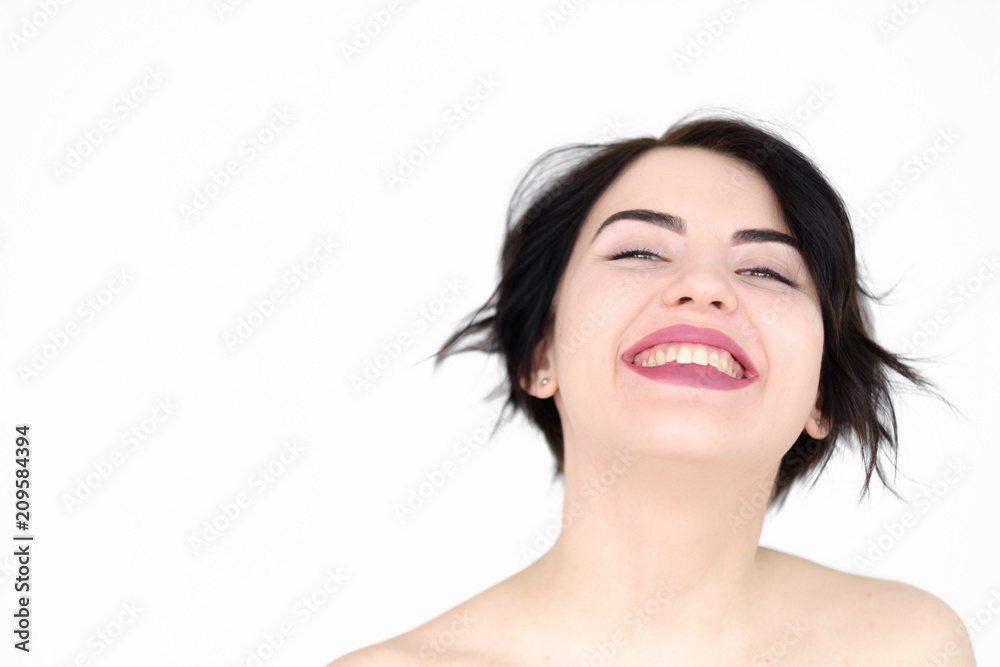 emotion face. very happy joyful thrilled to bits woman with beaming smile. young beautiful brunette girl portrait on white background. emotion face. very happy joyful thrilled to bits woman with beaming smile. young beautiful brunette girl portrait on white background.