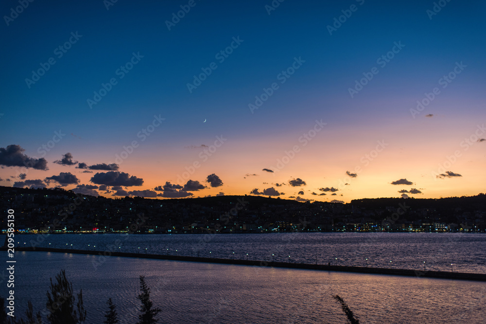 Sunset view of greek city of Argostoli at Kefalonia island in Greece.