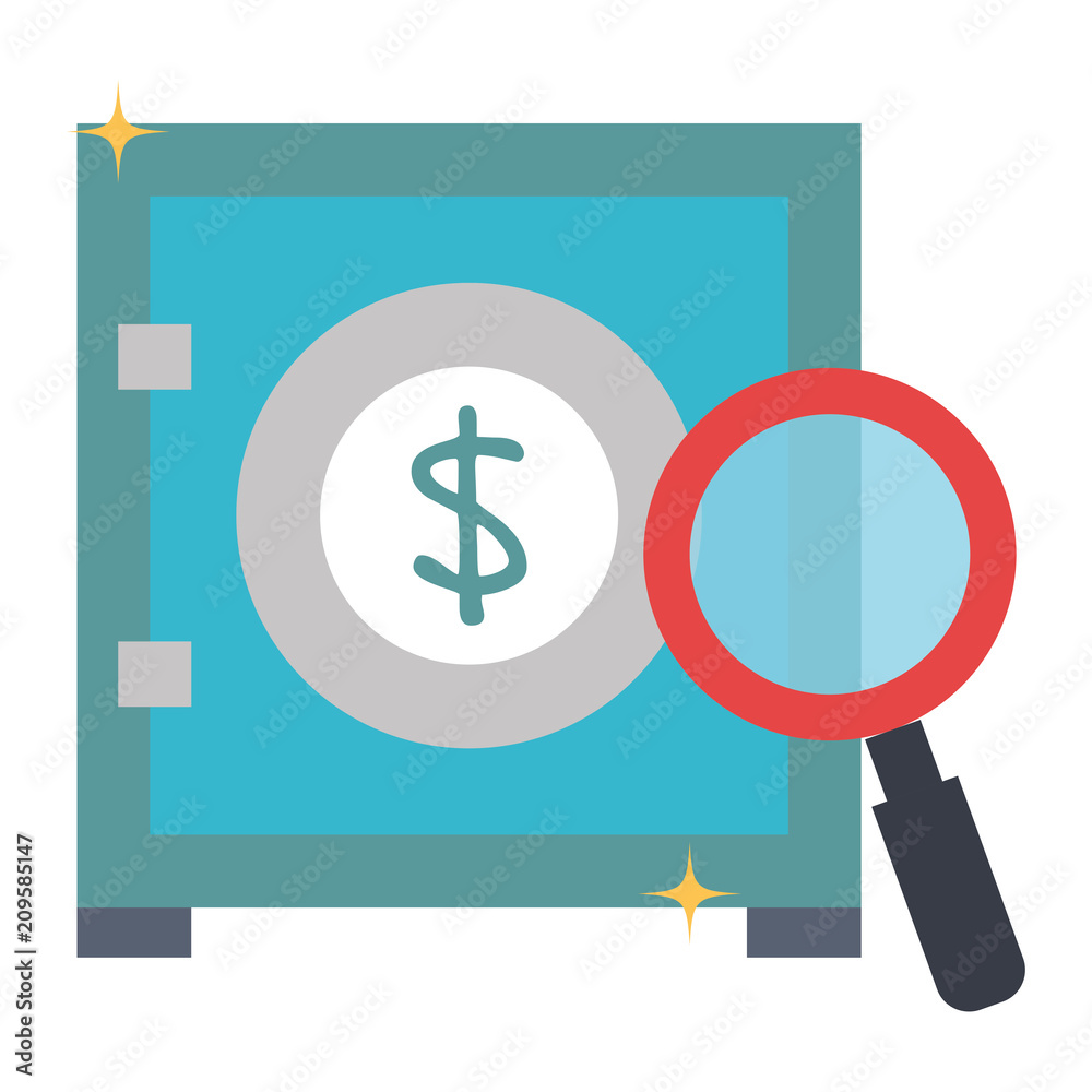 safe box money with magnifying glass vector illustration design