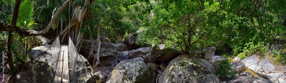 Rope and Wire suspended hanging bridge across a Jungle River in El Eden by Puerto Vallarta Mexico where movies have been filmed 