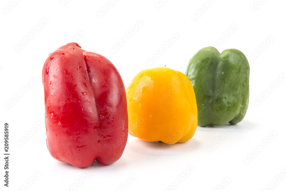 Green yellow red bell pepper onthe white background Green yellow red bell pepper onthe white background
