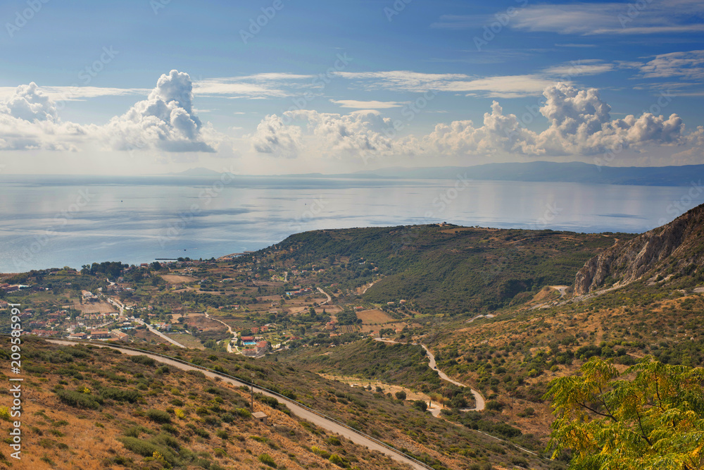 Naklejka premium view of Kefalonia island with mountain and ionian sea. Greece.