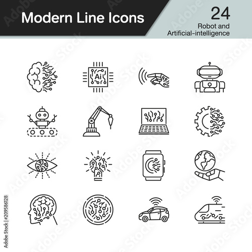 Robot and Artificial-intelligence icons. Modern line design set 24. For presentation, graphic design, mobile application, web design, infographics.