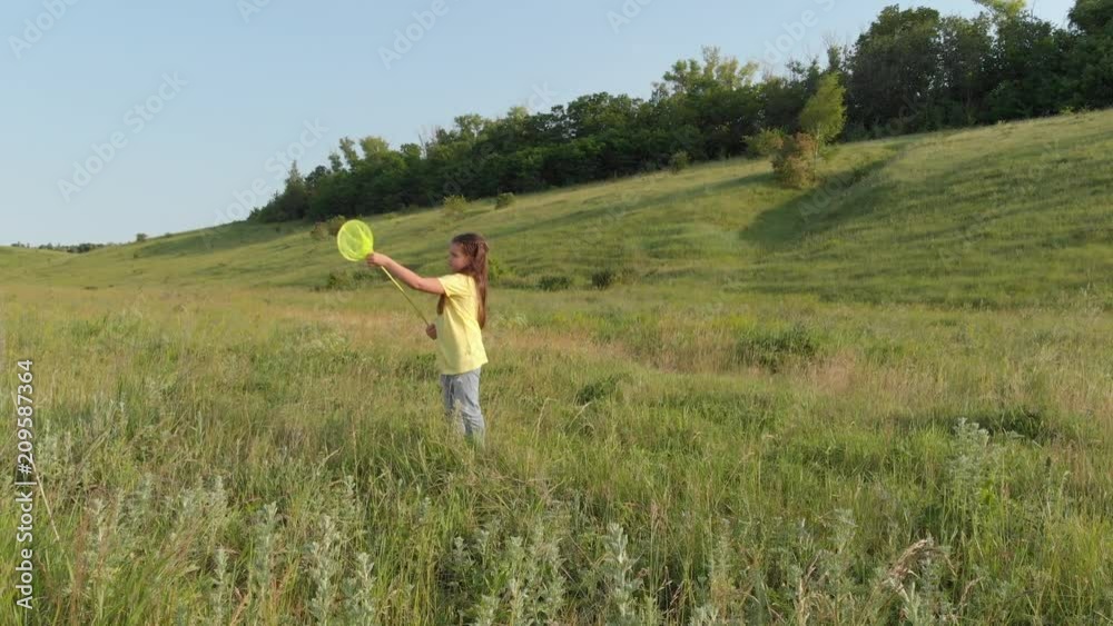 little girl is catching butterflies with a net in the grass little girl is catching butterflies with a net in the grass