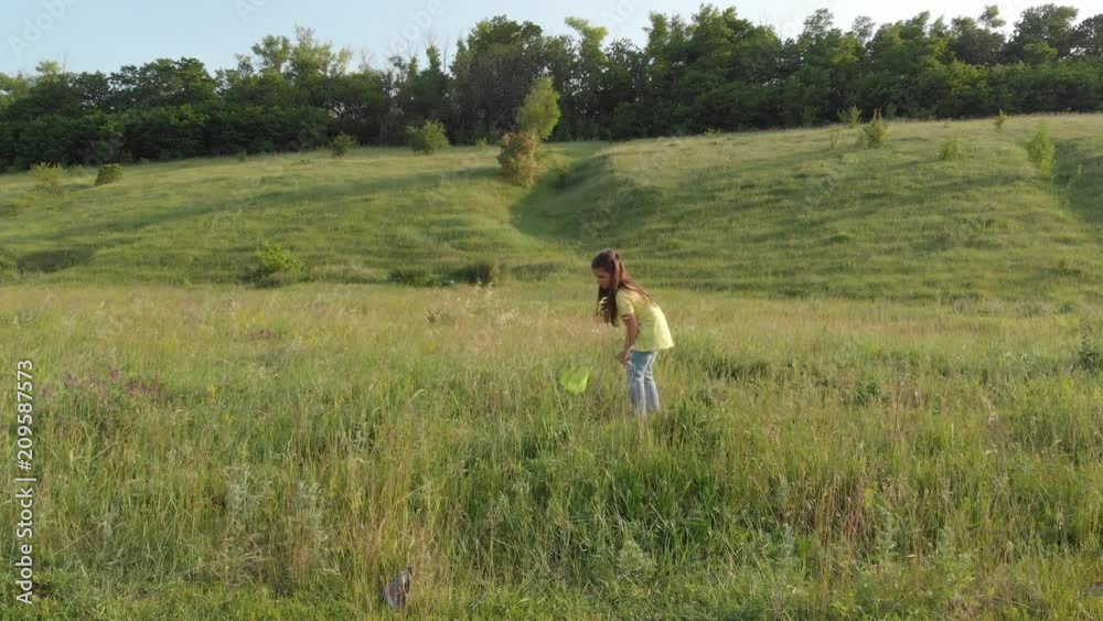 little girl is catching butterflies with a net in the grass little girl is catching butterflies with a net in the grass