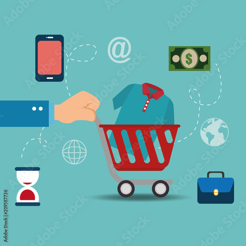 shopping cart with electronic commerce icons vector illustration design