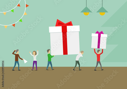 People carry gifts. Teamwork process. Concept of a small character. Holiday delivery. Vector flat illustration.
