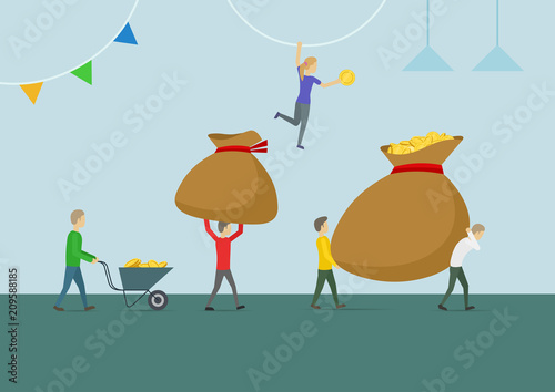 People carry moneybags. Man pushes cart full of money. Teamwork process. Concept of a small character. Vector flat illustration.