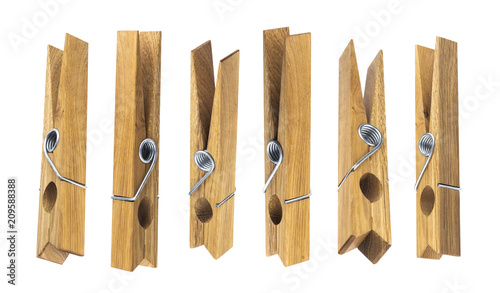 Wooden clothespins isolated on white background.