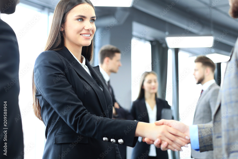 Business people shaking hands, finishing up a meeting. Business people shaking hands, finishing up a meeting.