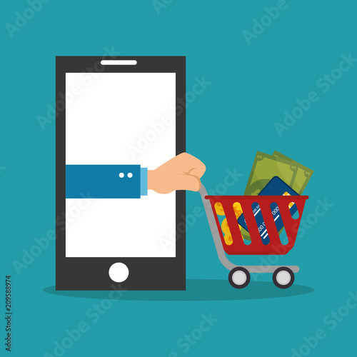 shopping cart with electronic commerce icons vector illustration design