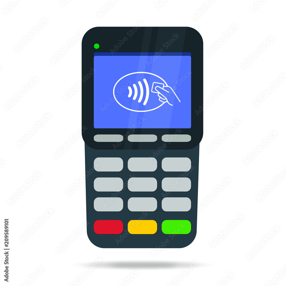 POS Terminal with Contactless payment. Near-field communication protocol. Pay with credit card or wireless with mobile phone. Vector illustration. POS Terminal with Contactless payment. Near-field communication protocol. Pay with credit card or wireless with mobile phone. Vector illustration.