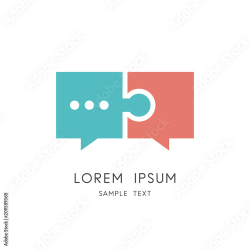 Puzzle chat logo - jigsaw pieces and conversation symbol. Dialogue and discussion, teamwork, cooperation and partnership, love and friendship vector icon.