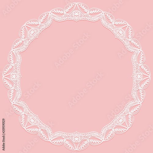 Circular frame with paper lace. Lacy white and pink background.