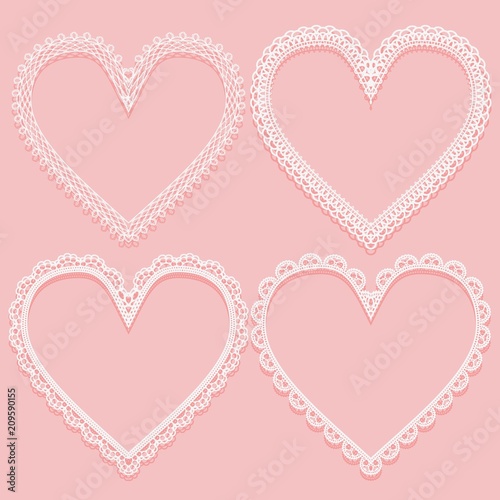Set of openwork white frames in the shape of lace hearts. Design elements on pink background. Vector illustration