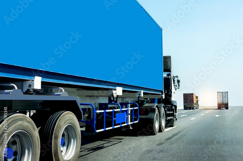 Truck on highway road with container, transportation concept.,import,export logistic industrial Transporting Land transport on the asphalt expressway.