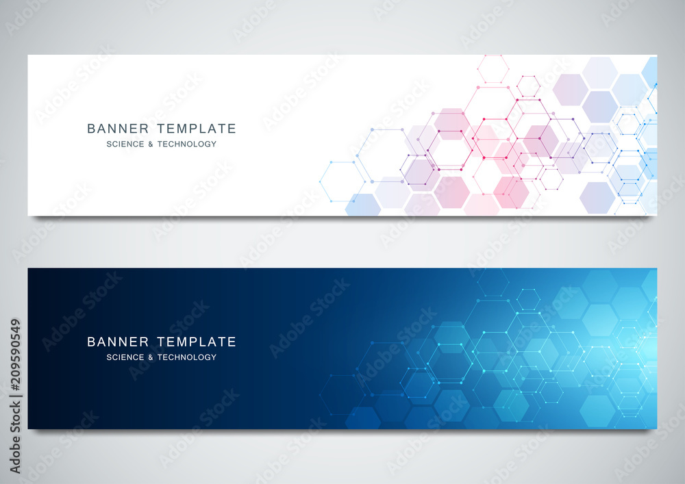 Vector banners for medicine, science and digital technology. Geometric abstract background with hexagons design. Molecular structure and chemical compounds.