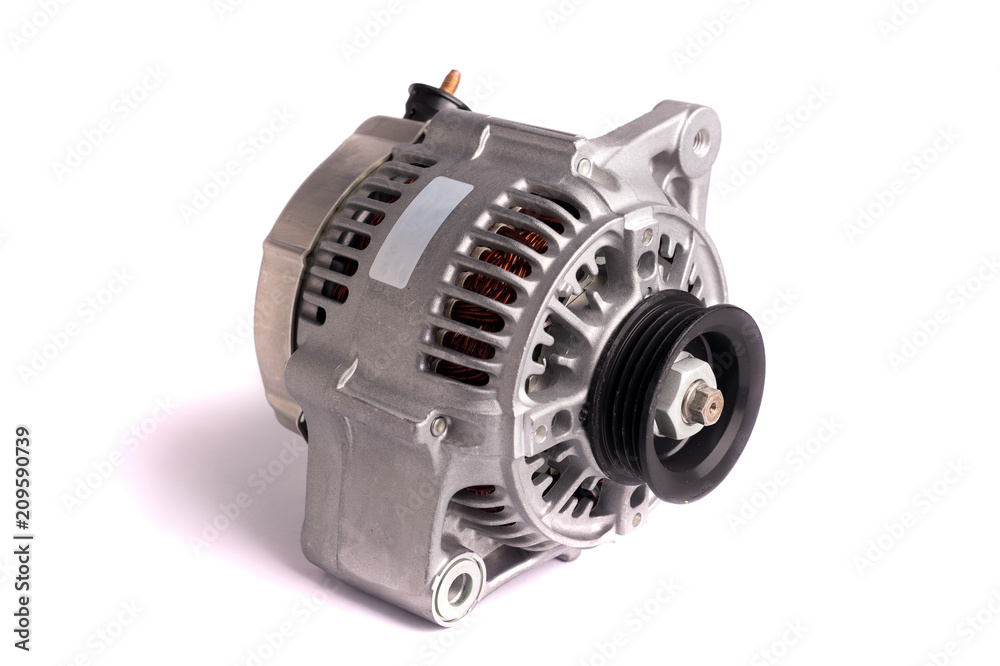 New car power generator, isolated on white background. Details of the engine of the car. New car power generator, isolated on white background. Details of the engine of the car.