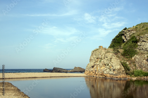 Landscape from the mouth of the River Rezovska and the Black Sea on the beach in Sinemorets, Bulgaria.