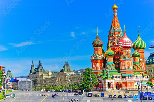 View of St. Basil's cathedral on the Red Square in summer in Moscow, Russia.