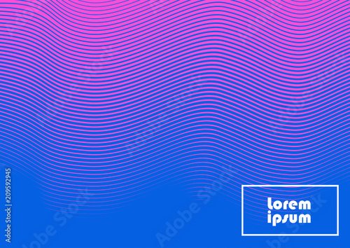 Horizontal abstract background with striped halftone pattern in fluorescent colors. A wavy texture of gradient line ornament. Design template of flyer, banner, cover, poster in A4 size. Vector 
