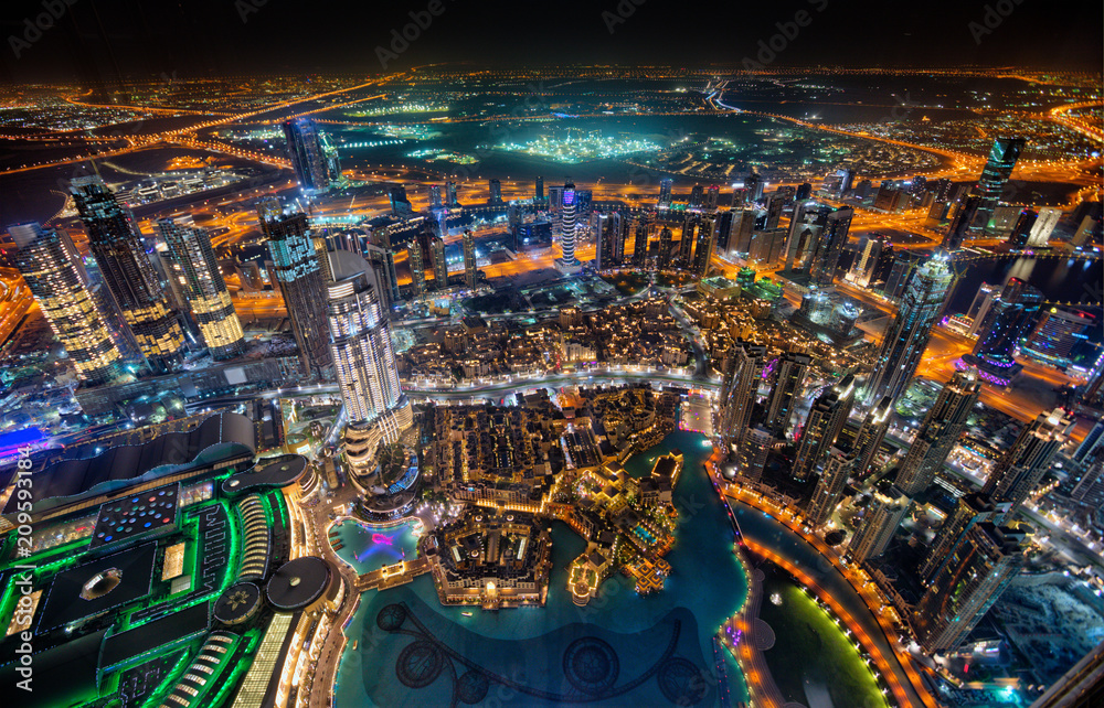 Dubai Skyline During Night With Amazing City Center Lights And Heavy Dubai Skyline During Night With Amazing City Center Lights And Heavy