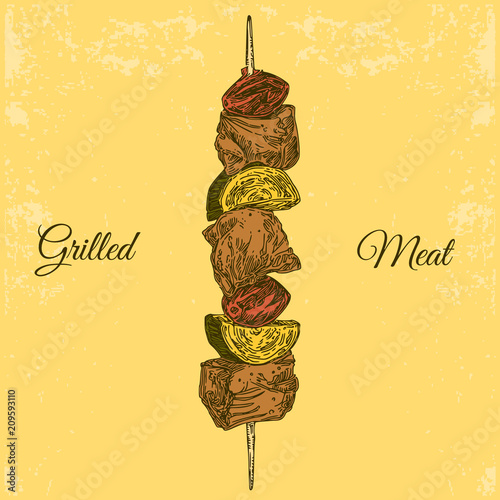 Vintage card with grilled meat on a skewer. Color. Engraving style. Vector illustration