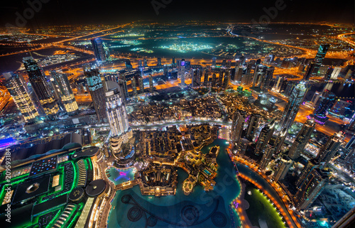 Dubai skyline during night with amazing city center lights and heavy road traffic,UAE.