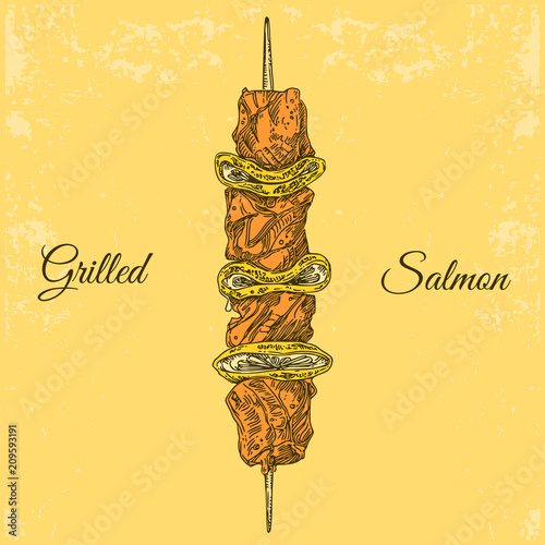 Vintage card with grilled salmon on a skewer. Color. Engraving style. Vector illustration