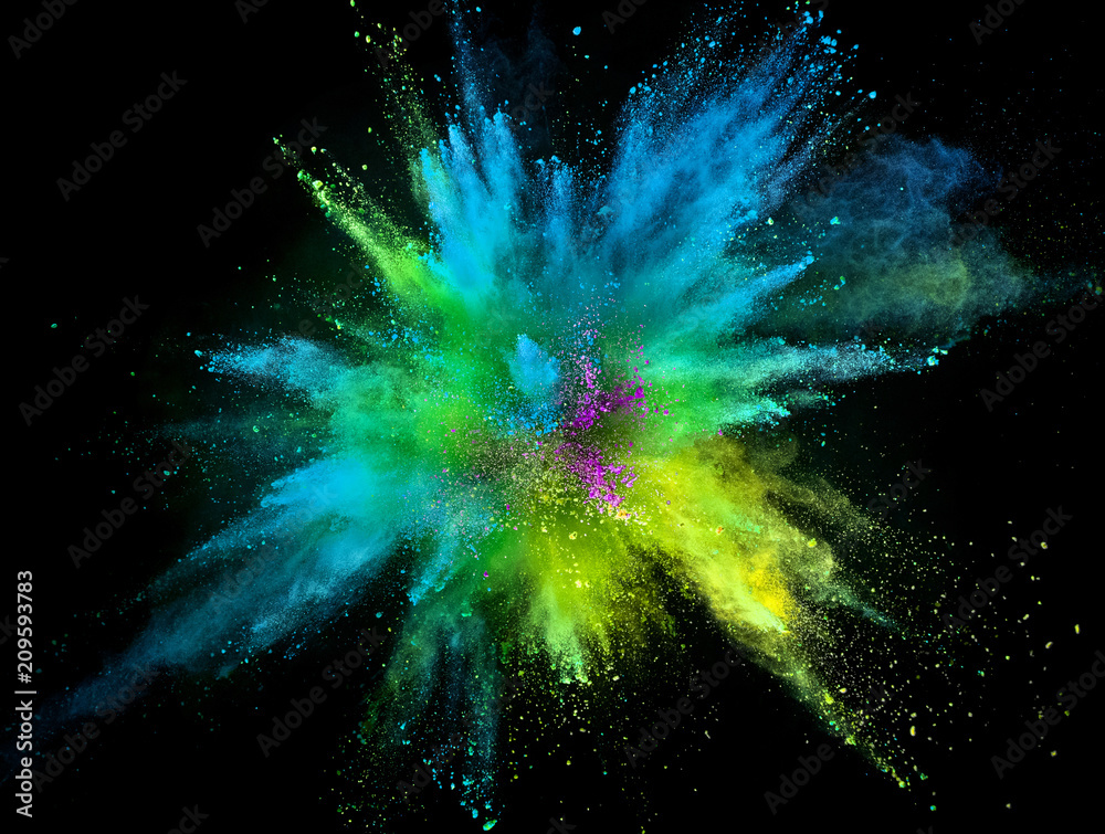 Colored powder explosion on black background. - obrazy, fototapety, plakaty 