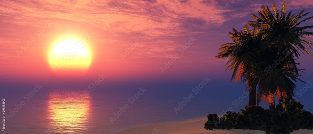 island with palm trees in the ocean, tropical beach,
3D rendering
