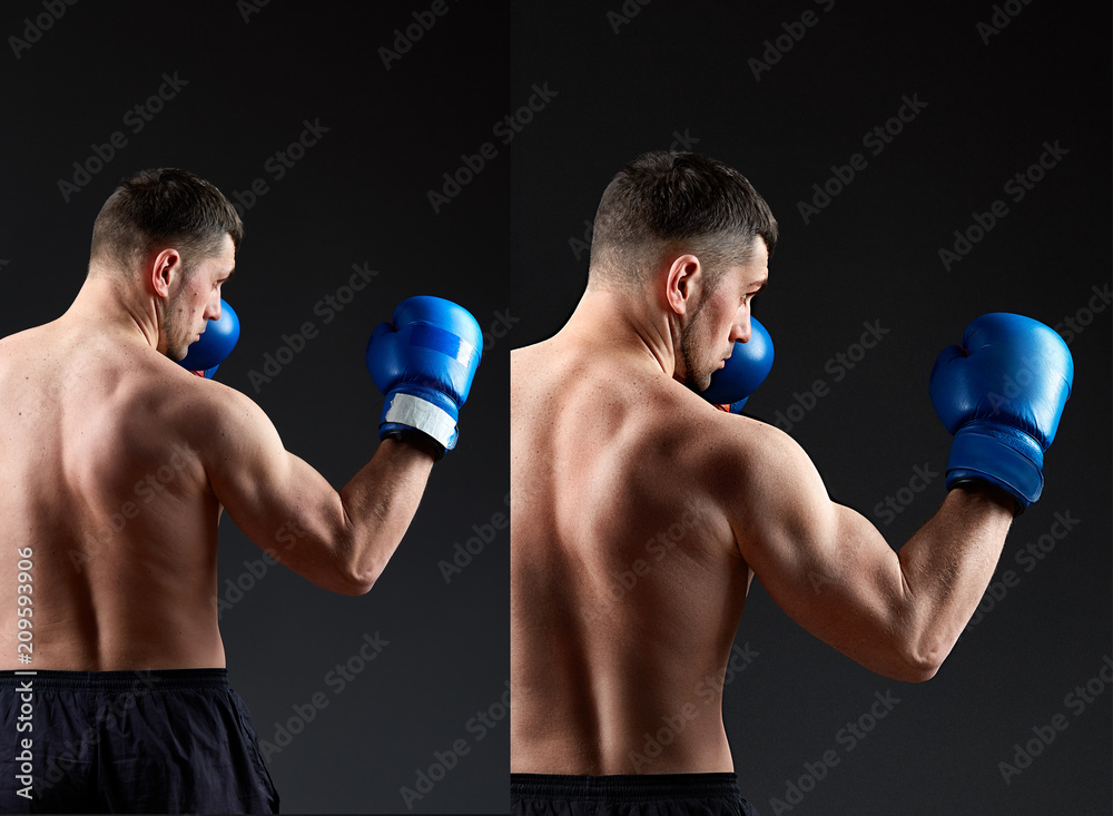 Handsome man boxer before and after retouch. Sport man back. Muscular man in boxing gloves in bixing rack on dark background.