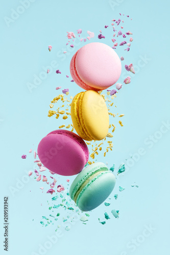 Obraz na plátně Macaron Dessert. Colorful Macaroons Flying