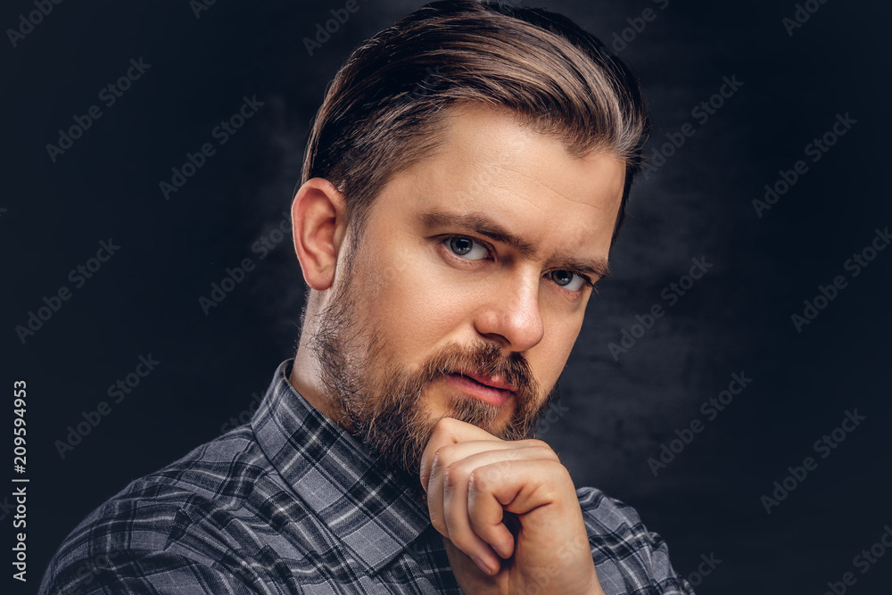 Pensive middle age man with beard and hairstyle dressed in a checkered shirt pose with hand on chin. Pensive middle age man with beard and hairstyle dressed in a checkered shirt pose with hand on chin.