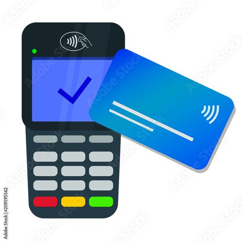 Credit card payment with nfc on a contactless pay terminal. NFC technology POS. Vector flat style. Tap to pay.