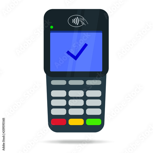 NFC contact less payment terminal with symbol or icon for touch less pay with credit card or smart phone. Vector illustration in flat style.
