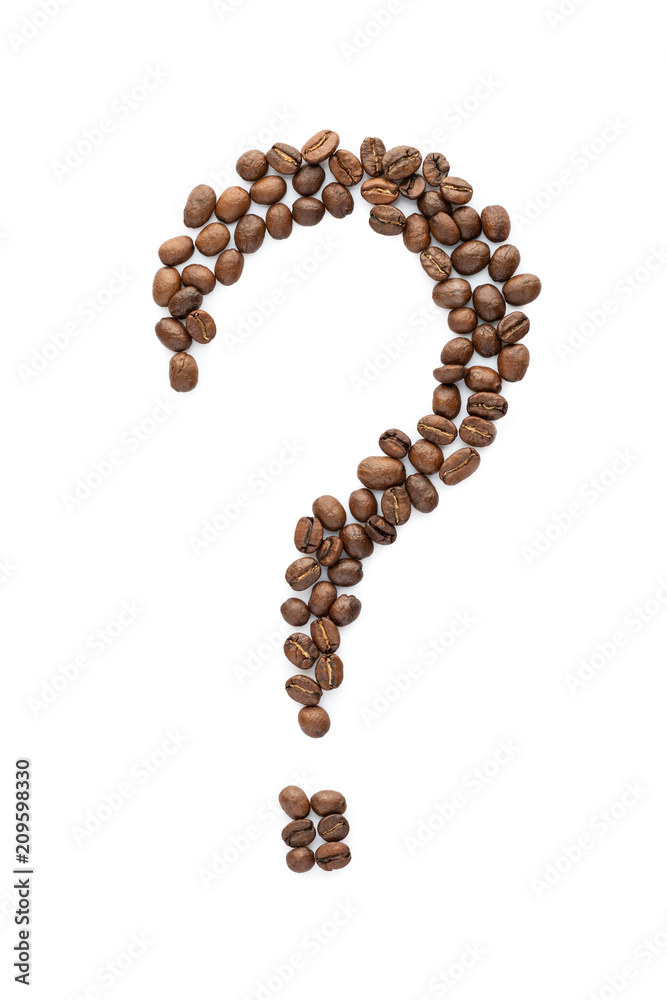 Question sign made from roasted coffee beans isolated on white background Question sign made from roasted coffee beans isolated on white background