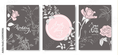 Wedding invitation cards with hand drawn roses.Floral poster, invite. Vector decorative greeting card,invitation design background.