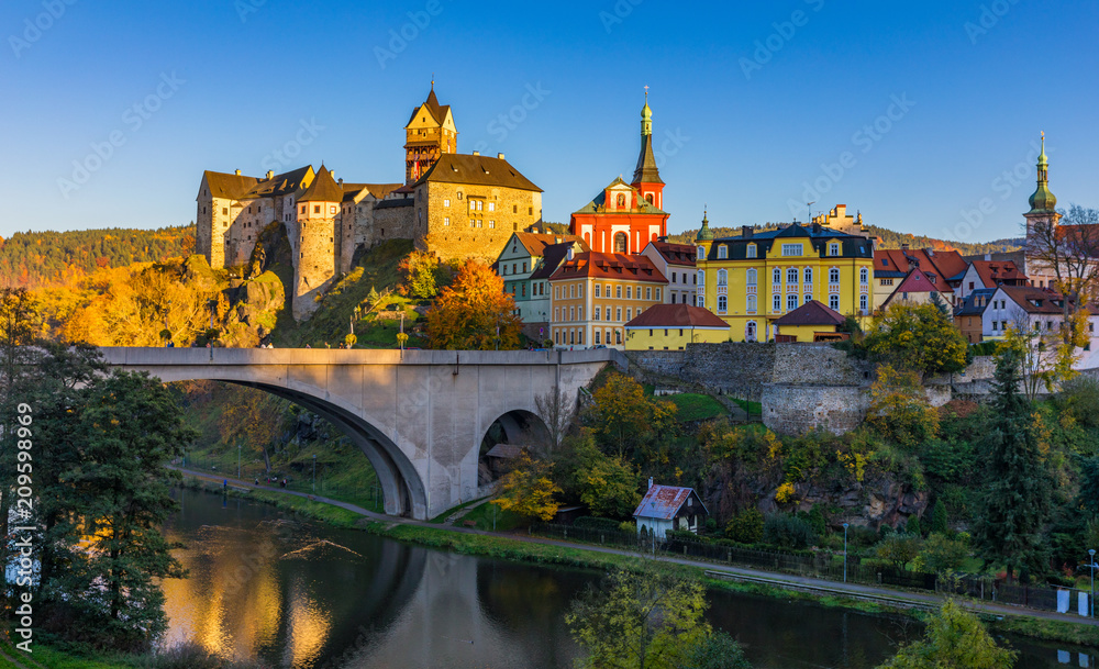 Colorful town and Castle Loket over Eger river in the near of Karlovy Vary, Czech Republic