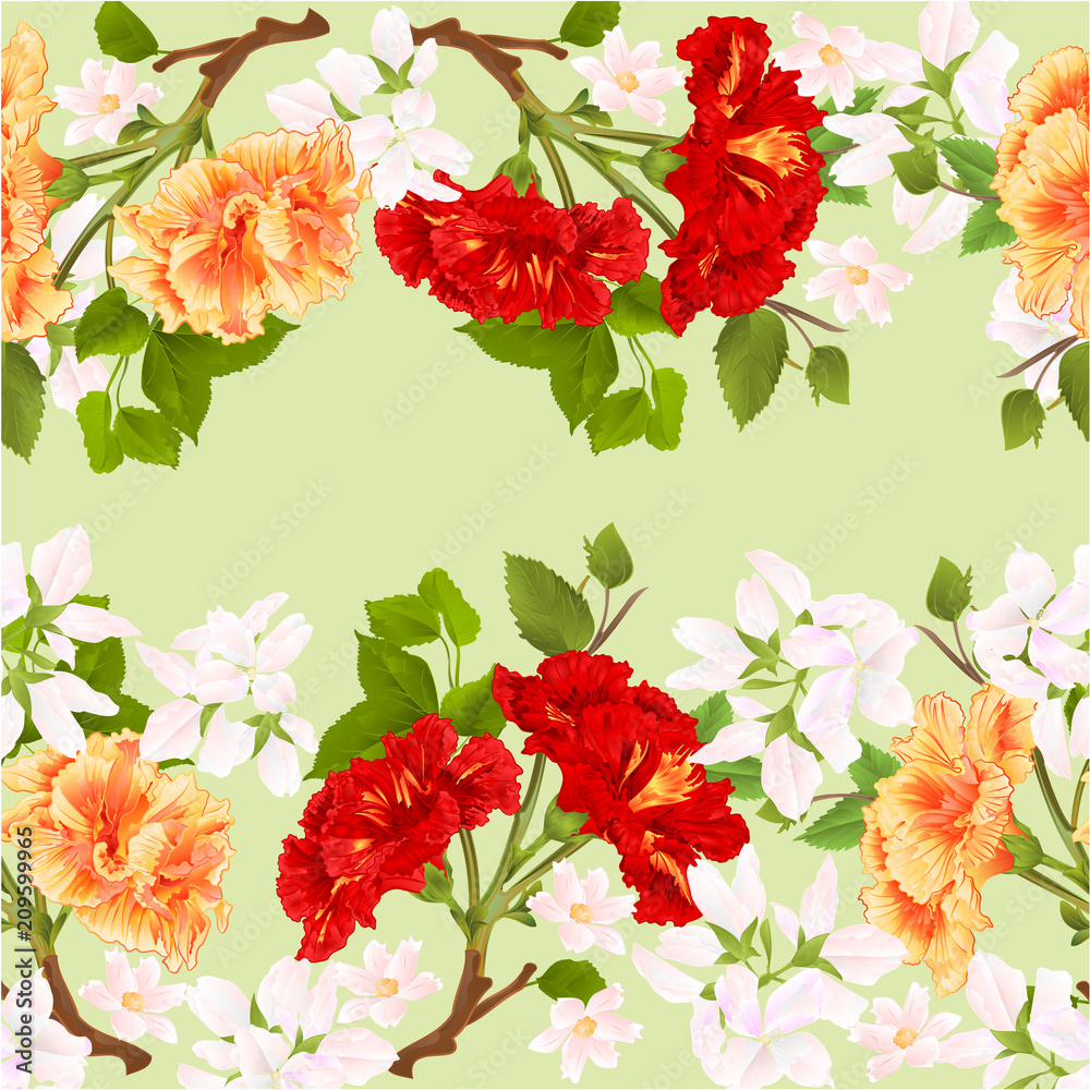 Floral border seamless background horizontal branches yellow and red hibiscus tropical flowers   vintage  vector Illustration for use in interior design, artwork, dishes, clothing, greeting cards