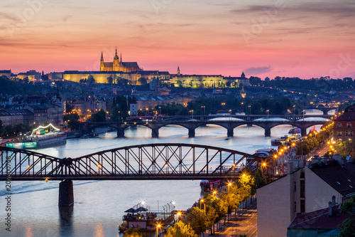 Obraz na plátně Prague Castle in lights, panoramic view from Vysehrad, Czech Republic, Europe