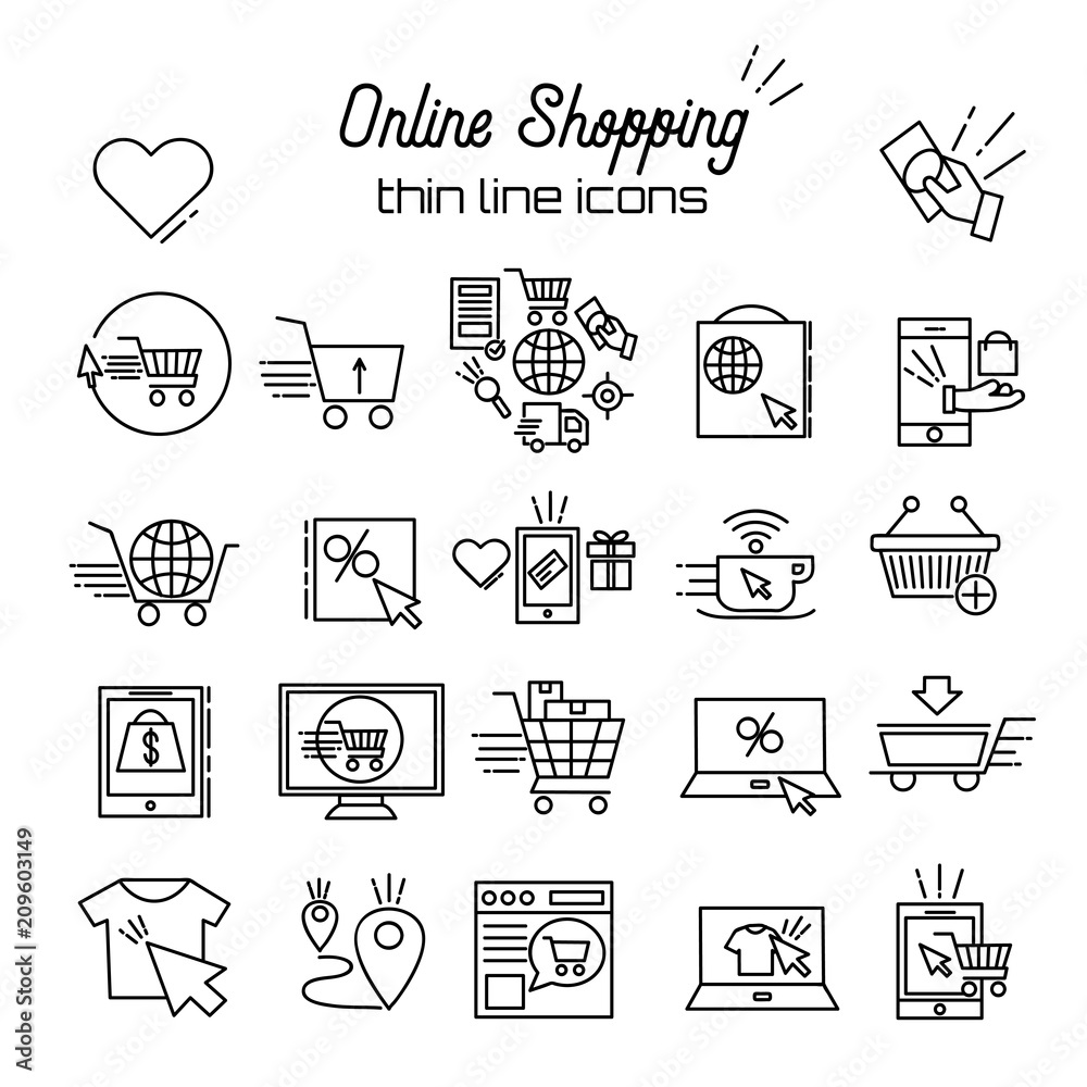 Online shopping Vector Line Icons. E-commerce pictogram symbol outline thin  icon Discount, shopping cart, shop, sale, online store, payment, bags,  mobile shop, wish list Stock Vector | Adobe Stock