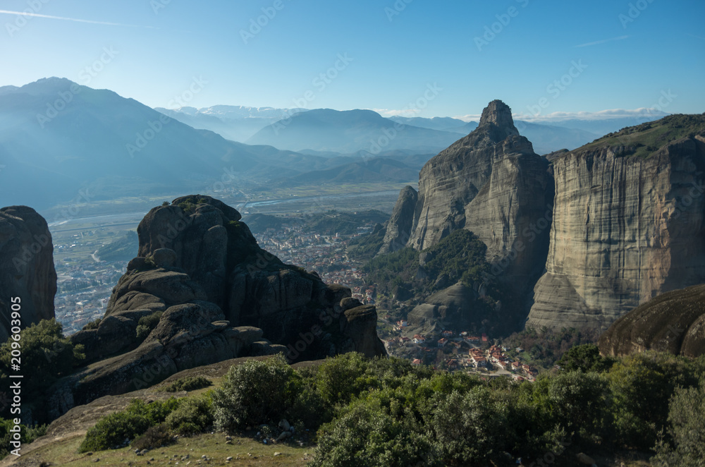 Landscape with monasteries and rock formations in Meteora, Greece.